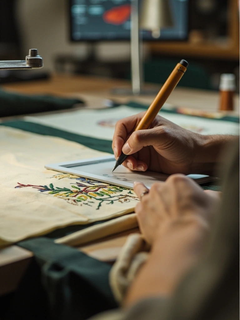 A digitizer converting a flat logo into stitch-ready file on a Wacom tablet