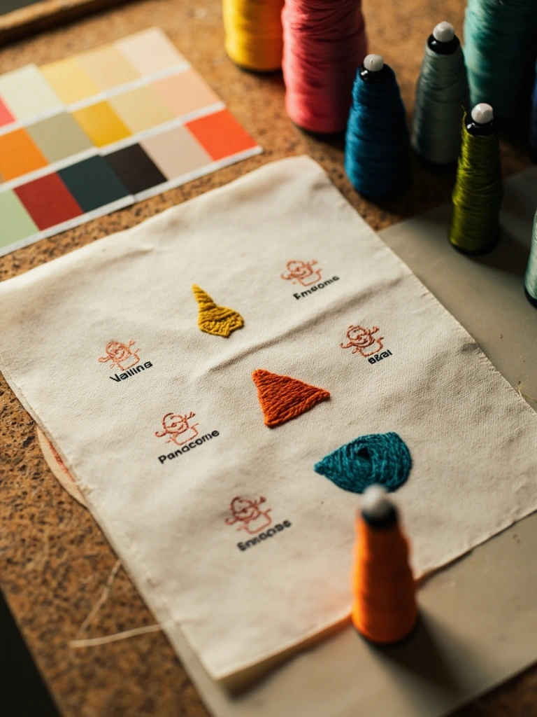 Two stitch proofs pinned to a corkboard for client review