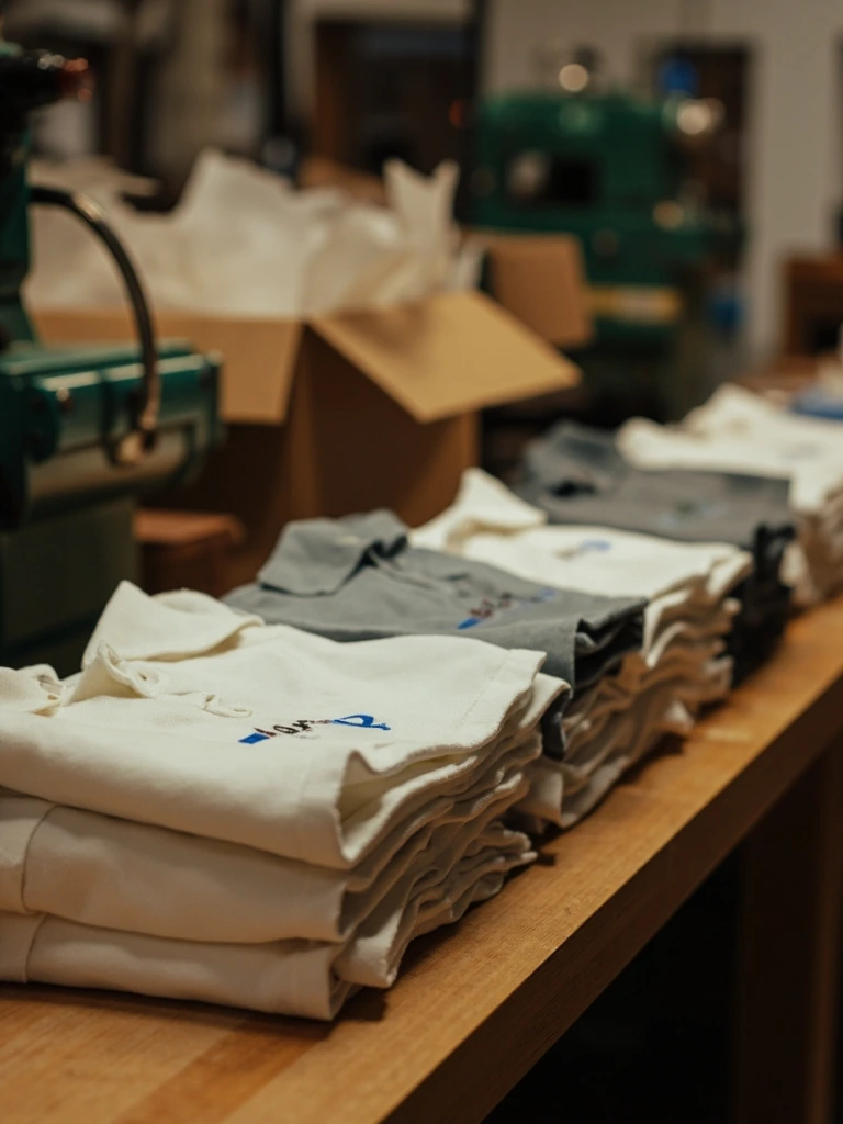 Folded embroidered garments stacked and ready for shipment