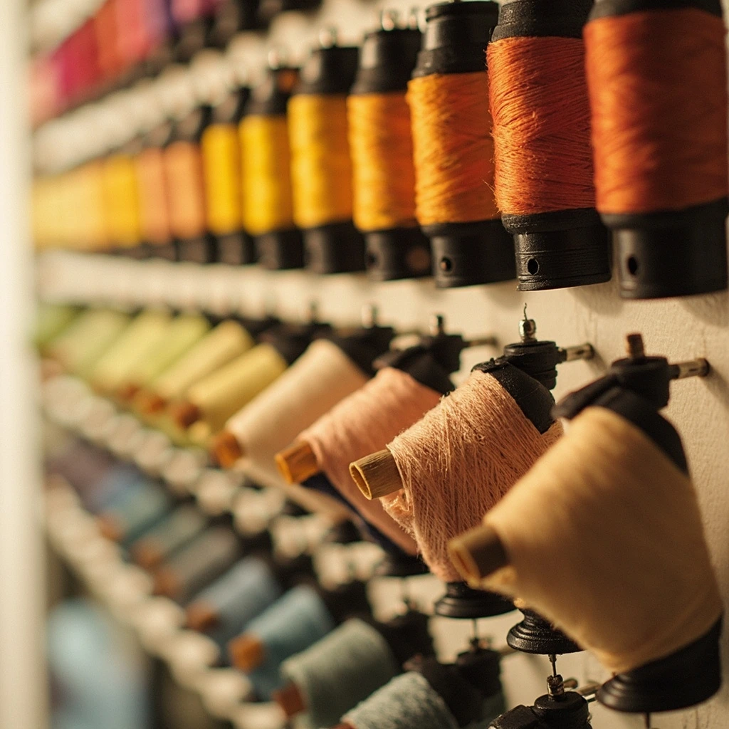 The 184-color GOTS-certified thread library on the shop wall