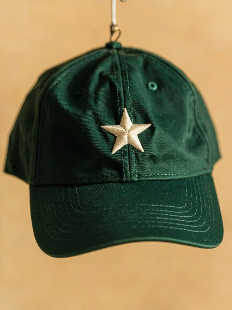 Embroidered compass star on a forest-green cap