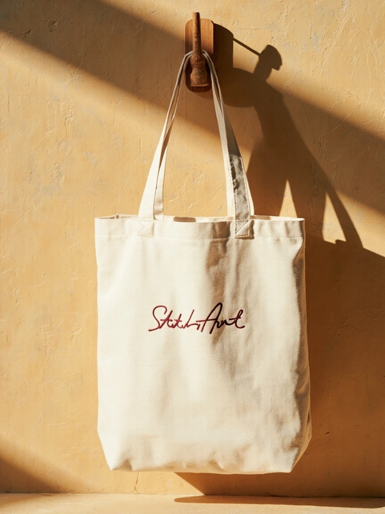 Embroidered wordmark on a natural canvas tote