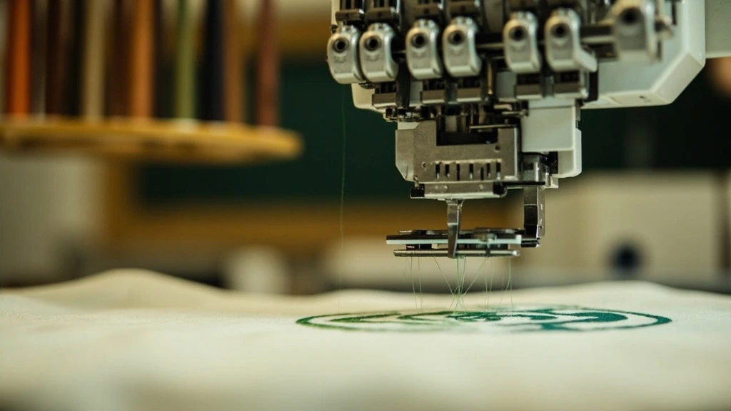 Macro of embroidery machine threading forest-green thread
